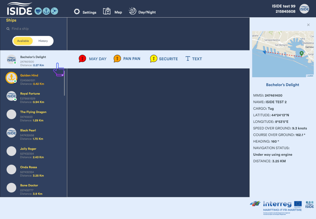 Original ISIDE app screenshot: vessel list, map and safety messages